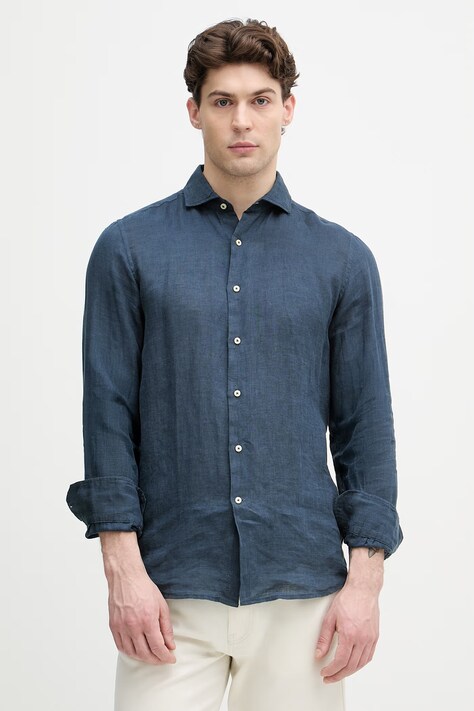 United Colors of Benetton košeľa pánska ľanová tmavomodrá 5BKUUQ04Q