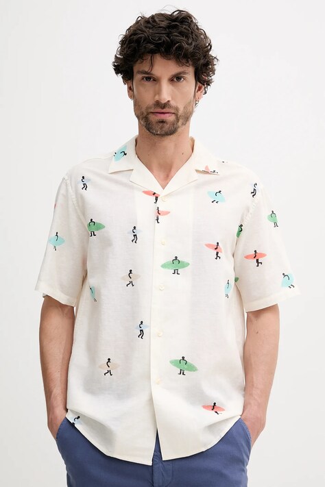 Lněná košile United Colors of Benetton pánská, béžová barva, relaxed, 5HPWUQ05B