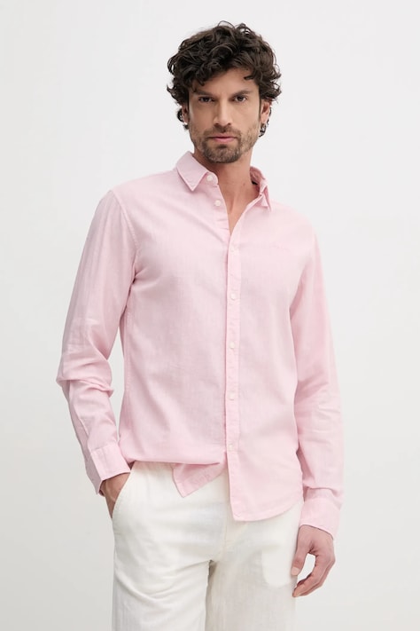 Pepe Jeans camasa de in ARNAU barbati, culoarea roz, cu guler clasic, regular, PM308844