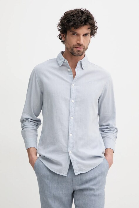 Lněná košile Pepe Jeans ARNAU pánská, modrá barva, regular, s klasickým límcem, PM308844