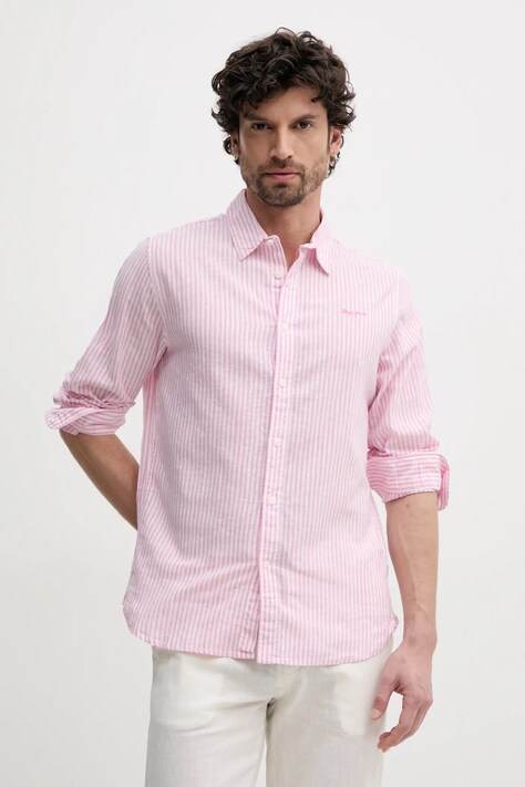 Lněná košile Pepe Jeans ARMANDO pánská, růžová barva, regular, s klasickým límcem, PM309028