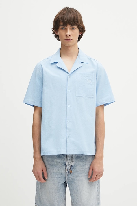 adidas Originals koszula bawełniana Essentials Seersucker Short Sleeve Shirt męska kolor niebieski relaxed z kołnierzykiem klasycznym JD2457