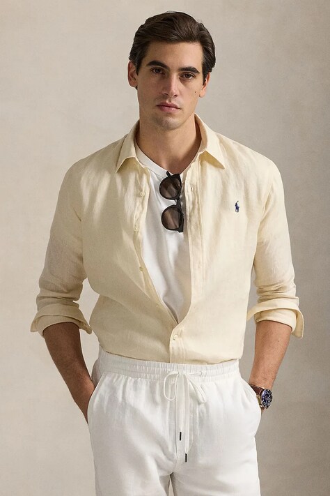 Πουκάμισο από λινό Polo Ralph Lauren ανδρικό, χρώμα: μπεζ, 710968915