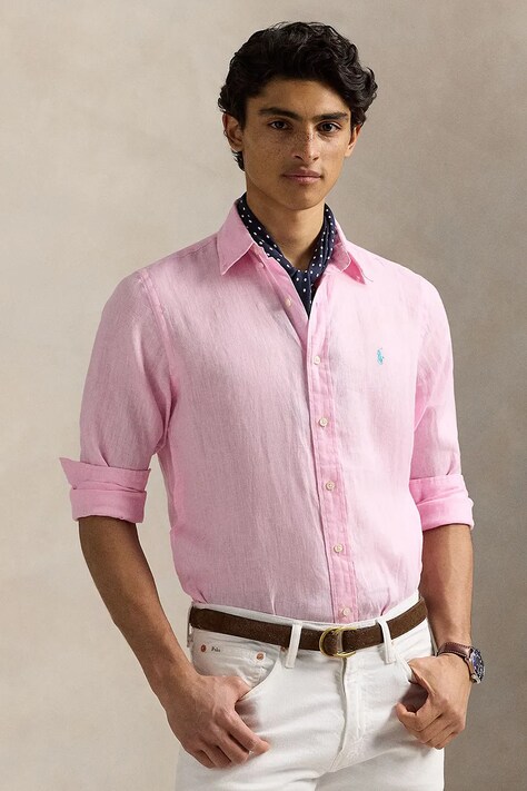 Lněná košile Polo Ralph Lauren pánská, růžová barva, slim, s límečkem button-down, 710968915