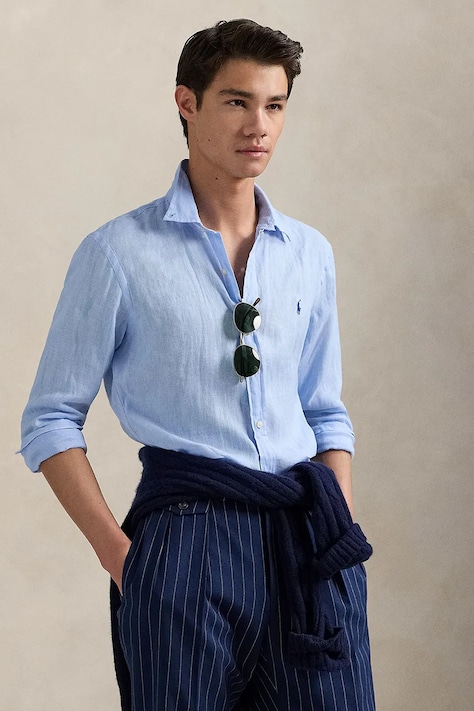 Lanena srajca Polo Ralph Lauren mornarsko modra barva, 710968915