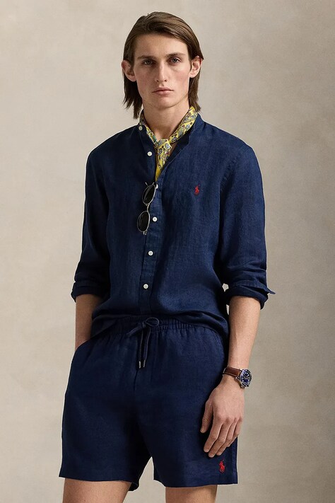 Lanena košulja Polo Ralph Lauren boja: tamno plava, slim, s ruskim ovratnikom, 710968925