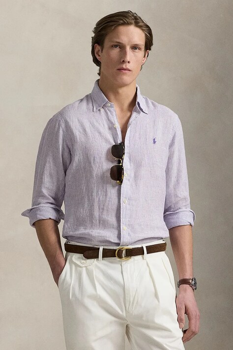 Lněná košile Polo Ralph Lauren pánská, fialová barva, regular, s límečkem button-down, 710968973