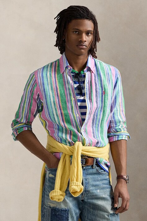 Polo Ralph Lauren koszula lniana męska kolor zielony regular z kołnierzykiem button-down 710968973