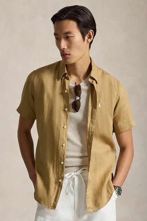 Polo Ralph Lauren koszula lniana Sport Shirt kolor zielony regular z kołnierzykiem button-down 710968912