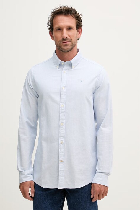 Barbour koszula męska bawełniana Striped Oxtown Tailored Shirt niebieska w paski MSH5303