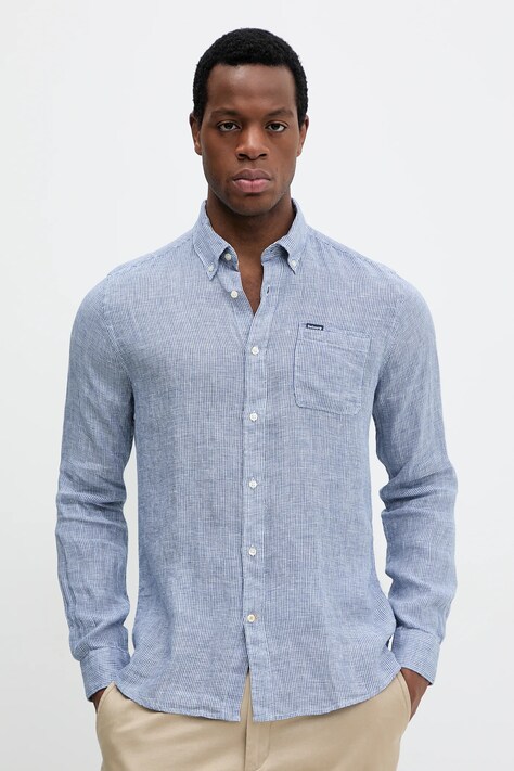 Lněná košile Barbour Linton Tailored Shirt pánská, tmavomodrá barva, slim, s límečkem button-down, MSH5325