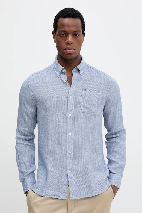 Сорочка з льону Barbour Linton Tailored Shirt чоловіча колір синій slim комір button-down MSH5325