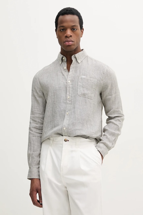 Lněná košile Barbour Linton Tailored Shirt pánská, zelená barva, slim, s límečkem button-down, MSH5325
