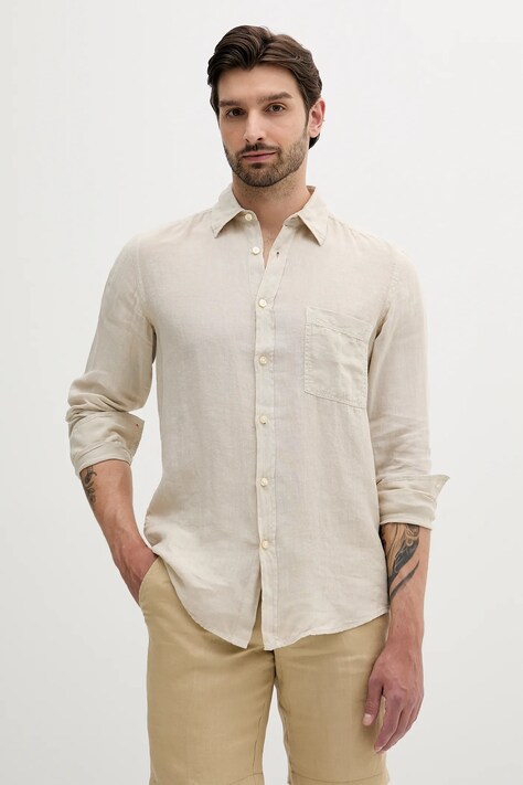 Lanena košulja BOSS Orange za muškarce, boja: bež, regular, s klasičnim ovratnikom, 50537381