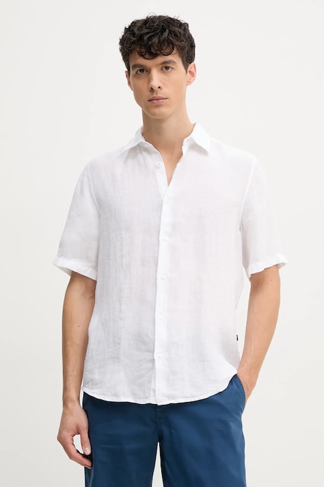 Ľanová košeľa BOSS Orange pánska, biela farba, regular, s klasickým golierom, 50537382