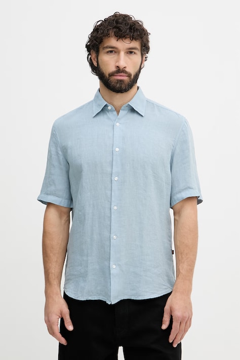 BOSS Orange košeľa pánska ľanová modrá hladká 50537382