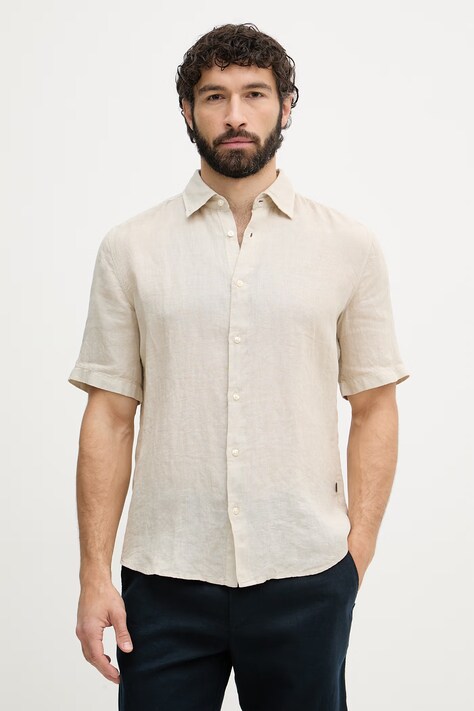 BOSS Orange košeľa pánska ľanová béžová hladká 50537382