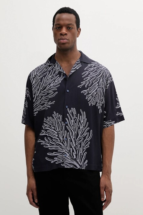 Košile BOSS Orange pánská, tmavomodrá barva, relaxed, 50538280