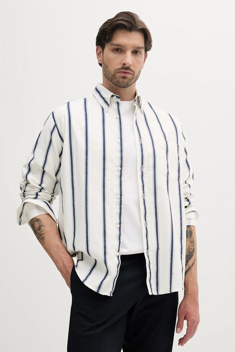 BOSS Orange koszula z domieszką lnu męska kolor biały relaxed z kołnierzykiem button-down 50538296