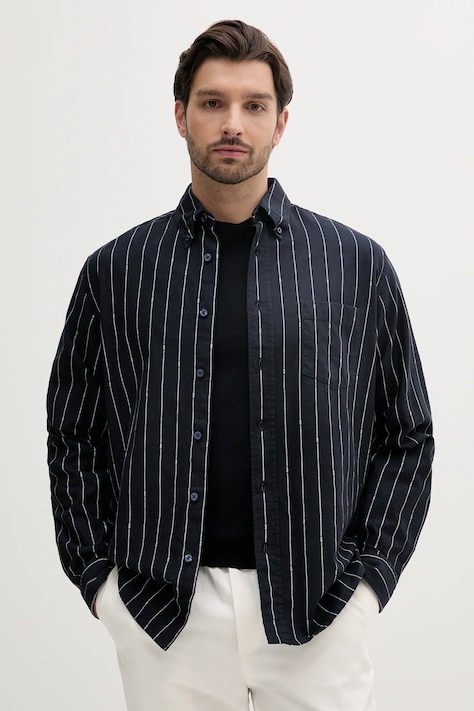 Рубашка с примесью льна BOSS Orange цвет синий relaxed воротник button-down 50538296