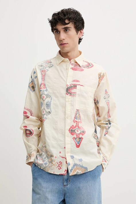 Desigual camasa din bumbac IKAT barbati, culoarea bej, cu guler clasic, regular, 25SMCW14