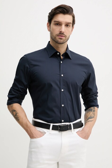 Košile BOSS pánská, tmavomodrá barva, slim, s klasickým límcem, 50538949