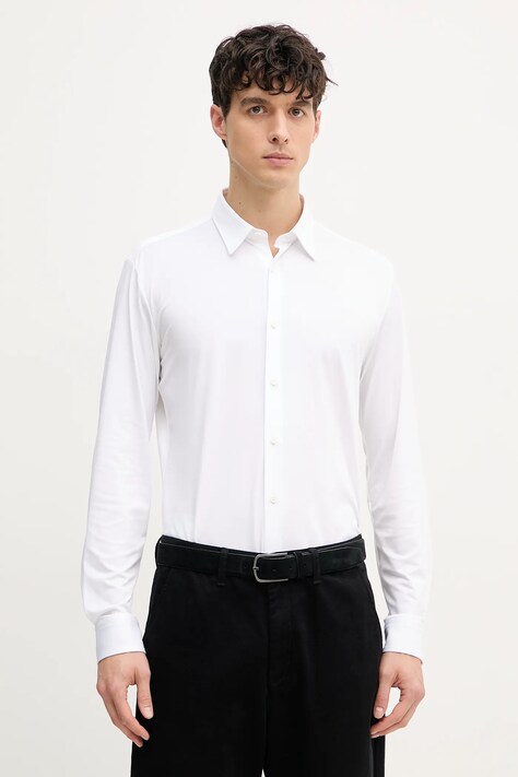 Риза BOSS мъжка в бяло с кройка по тялото с класическа яка 50533434