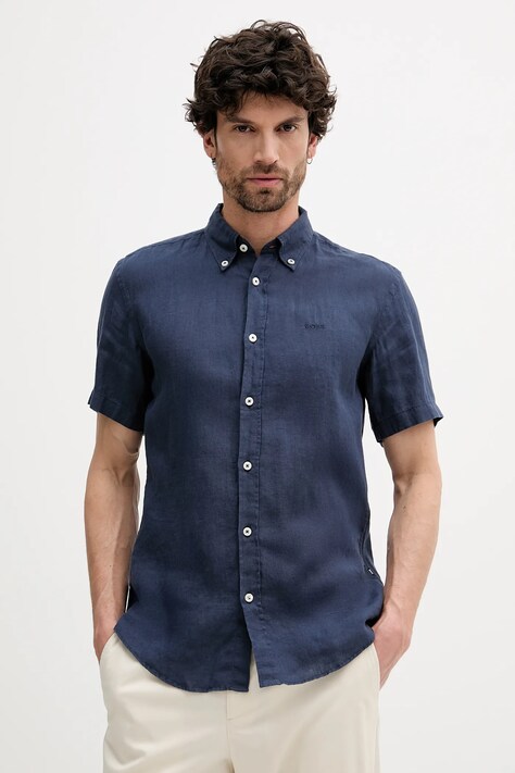 Ленена риза BOSS мъжка в тъмносиньо с кройка по тялото с яка с копче 50539352