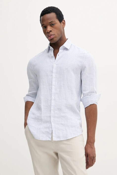 Lněná košile Calvin Klein pánská, modrá barva, regular, s klasickým límcem, K10K109332