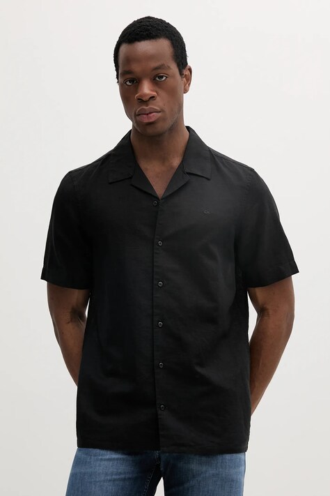 Lněná košile Calvin Klein pánská, černá barva, regular, K10K114197