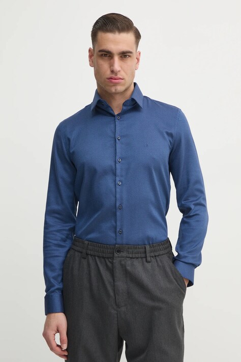 Calvin Klein camasa barbati, culoarea albastru marin, cu guler italian, slim, K10K114316