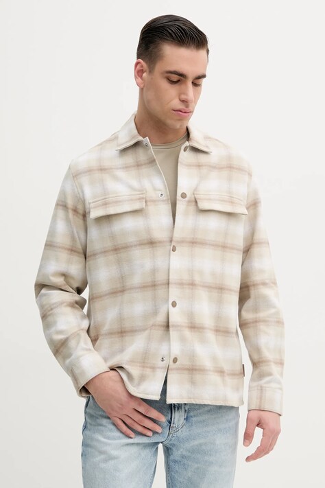Βαμβακερό πουκάμισο Calvin Klein ανδρικό, χρώμα: μπεζ, K10K114446