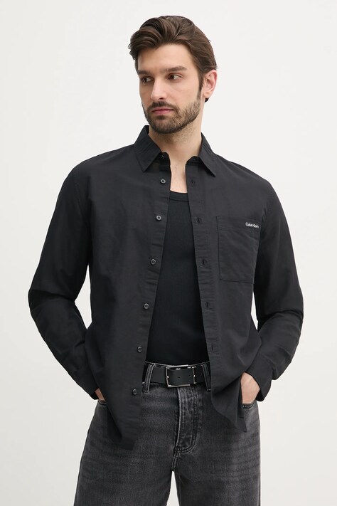 Сорочка з льону Calvin Klein Jeans чоловіча колір чорний regular класичний комір J30J327295
