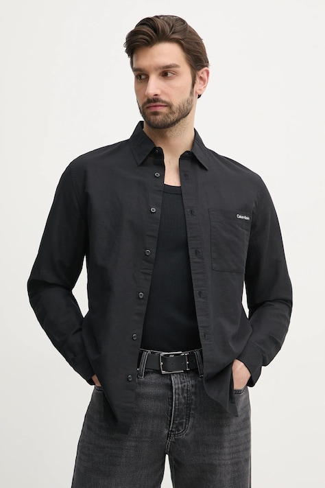 Calvin Klein Jeans camasa de in barbati, culoarea negru, cu guler clasic, regular, J30J327295