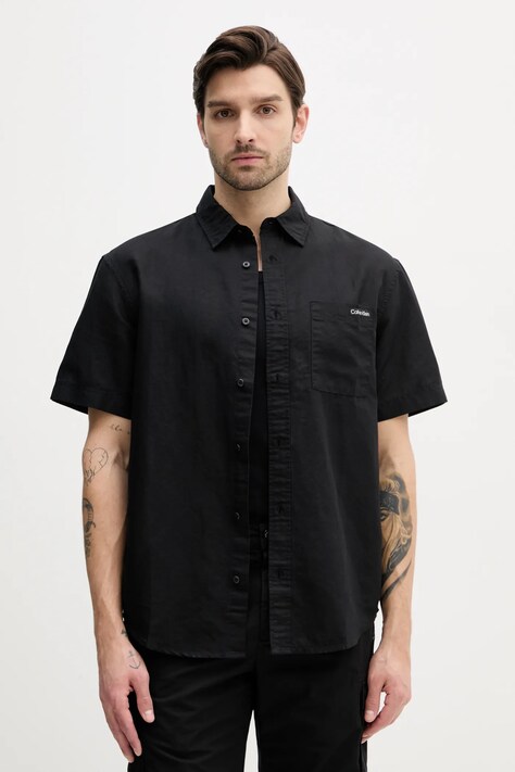 Lněná košile Calvin Klein Jeans pánská, černá barva, regular, s klasickým límcem, J30J327296