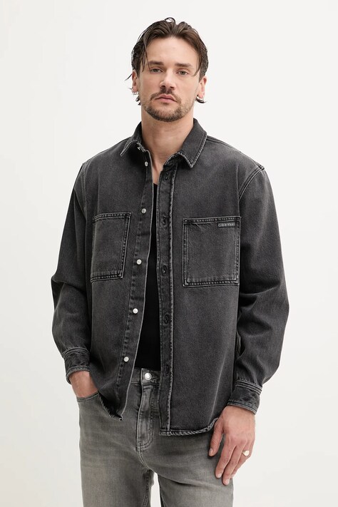 Calvin Klein Jeans cămașă jeans bărbați, culoarea gri, cu guler clasic, relaxed, J30J327558