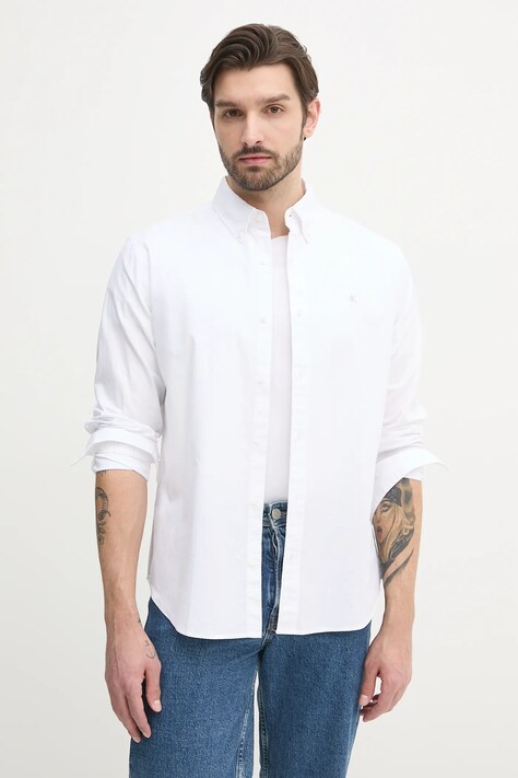 Calvin Klein Jeans camasa barbati, culoarea alb, cu guler button-down, regular, LV040EM125