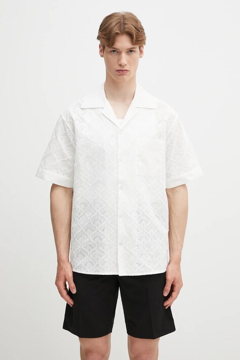 Drôle de Monsieur cămașă din bumbac La Chemise Brodee Tapisserie barbati, culoarea alb, cu guler clasic, relaxed, G-SH213-CO196-WT