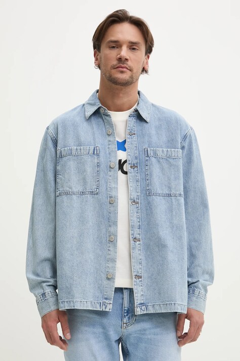 Džínová košile Hollister Co. pánská, modrá barva, relaxed, s klasickým límcem, KI325-5019