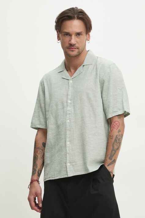 Lněná košile Hollister Co. pánská, zelená barva, regular, s klasickým límcem, KI325-5096
