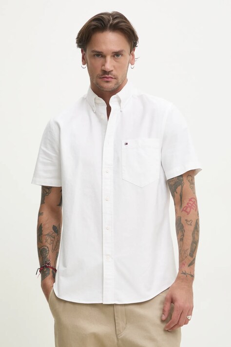 Tommy Hilfiger camasa din bumbac barbati, culoarea alb, cu guler button-down, regular, MW0MW36272