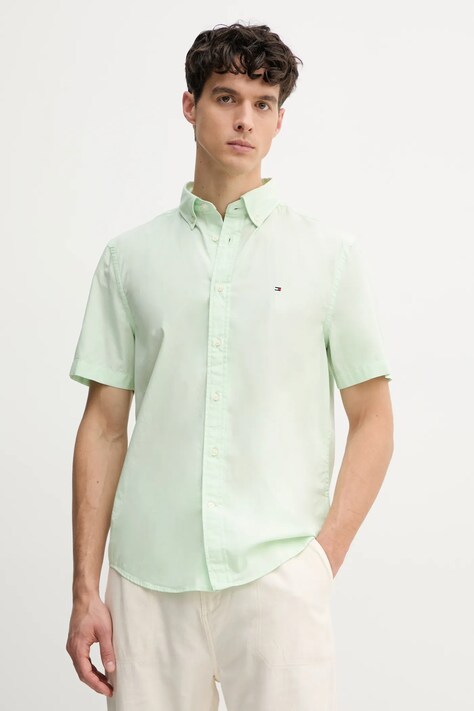 Tommy Hilfiger cămașă din bumbac bărbați, culoarea verde, cu guler clasic, regular, MW0MW37584