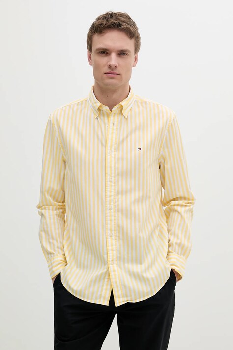 Бавовняна сорочка Tommy Hilfiger чоловіча колір жовтий slim комір button-down MW0MW39159