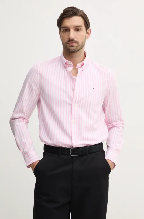 Tommy Hilfiger cămașă din bumbac bărbați, culoarea roz, cu guler button-down, slim, MW0MW39159