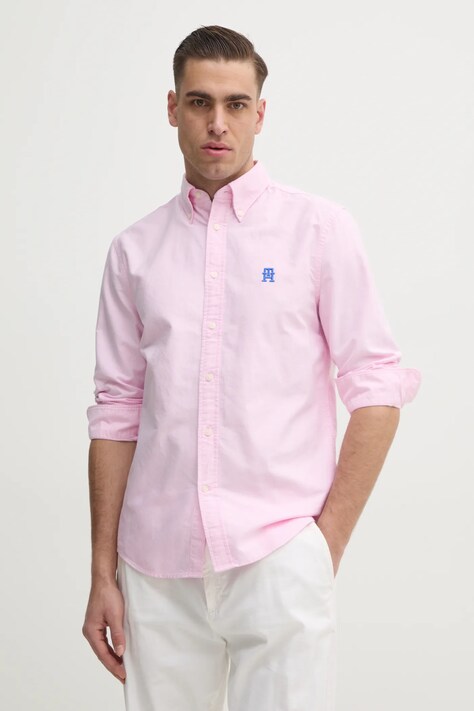 Košile Tommy Hilfiger pánská, růžová barva, regular, s límečkem button-down, MW0MW39235