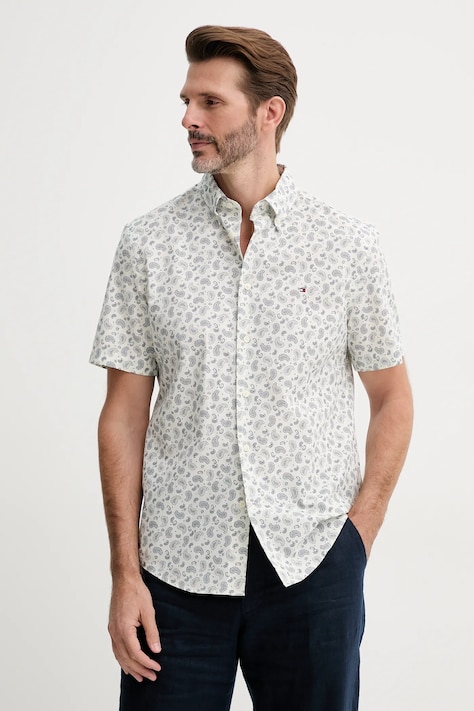 Рубашка с примесью льна Tommy Hilfiger мужская цвет белый regular воротник button-down MW0MW38566