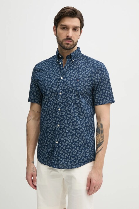 Рубашка с примесью льна Tommy Hilfiger мужская цвет синий regular воротник button-down MW0MW38566