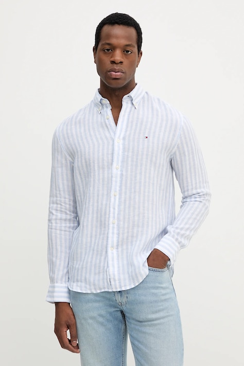 Tommy Hilfiger koszula lniana męska kolor niebieski regular z kołnierzykiem button-down MW0MW38581