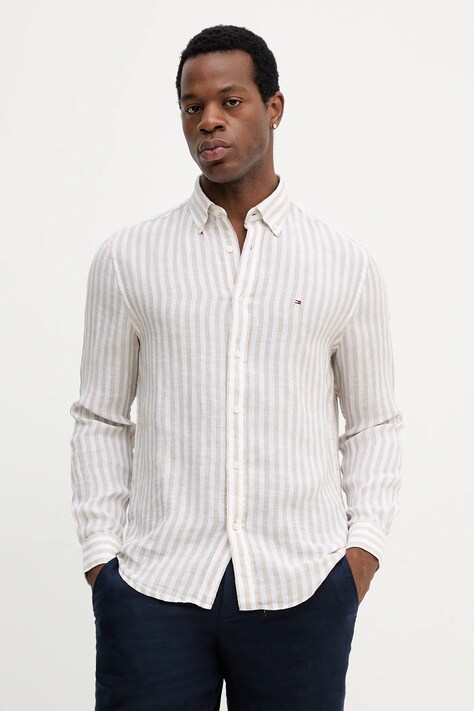 Tommy Hilfiger koszula lniana męska kolor beżowy regular z kołnierzykiem button-down MW0MW38581