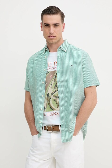 Košile s příměsí lnu Tommy Hilfiger pánská, zelená barva, regular, s límečkem button-down, MW0MW39155